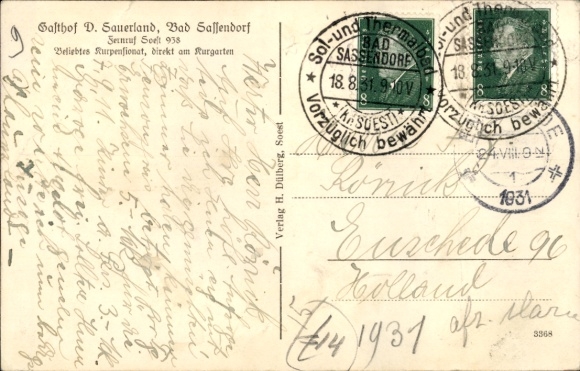 Postcard Bad Sassendorf in Westphalia, Gasthof Sauerland
