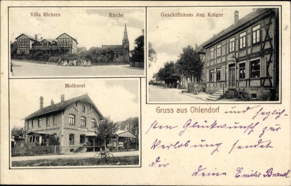 Ak Ohlendorf am Harz Salzgitter in Nedersaksen, Villa Richers, kerk, zuivelfabriek, bedrijfsgebouw