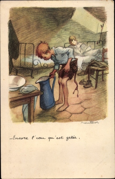Artist Postcard Poulbot, Francisque, Still the water that is frozen, weapon Jungen in kalter Stube