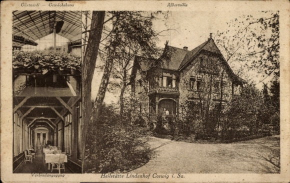 Postcard Coswig in Saxony, Gärtnerli greenhouse, Albertvilla, connecting corridor, Lindenhof sanatorium