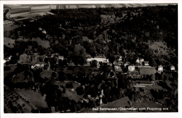 Postcard Bad Salzhausen Nidda in Hesse, aerial photograph of forest landscape, buildings, airplane perspective