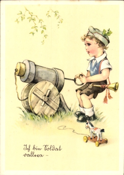 Artist Postcard Lungershausen, I am a soldier, vallera, boy as a soldier with a wooden horse cannon