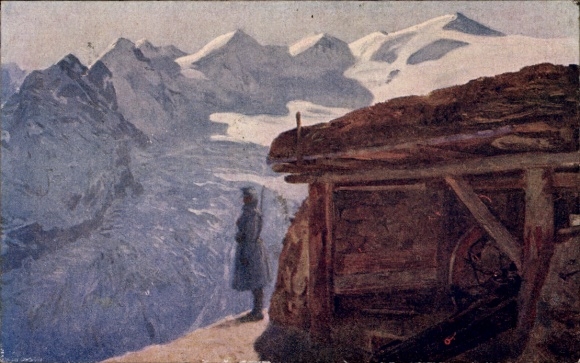Künstler Ak Schuster, Karl, Kuk Armee im Alpenkrieg, Artilleriestellung am Stilfserjoch