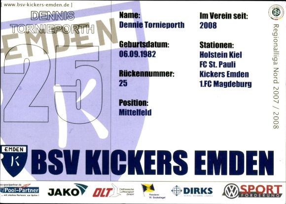 Karta autografu piłkarza Dennisa Tornieportha, BSV Kickers Emden, autograf