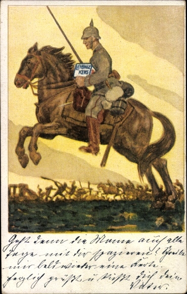 Artist PC Georgi, W., Leibniz Biscuit, advertisement, Bahlsens Biscuit Factory Hanover, rider, soldier, uniform