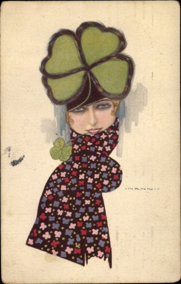 Artist PC Nanni, woman with cloverleaf and scarf