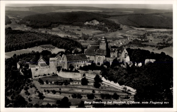 Postcard Neustadt Breuberg in the Odenwald, aerial photograph of Breuberg Castle, forest landscape, black and white photo