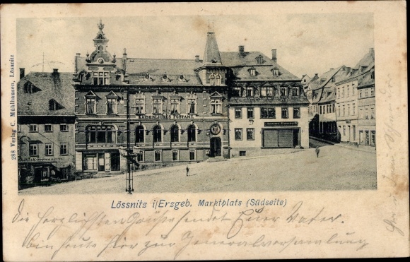 Postcard Loessnitz Loessnitz in the Ore Mountains, market square south side, imperial post office