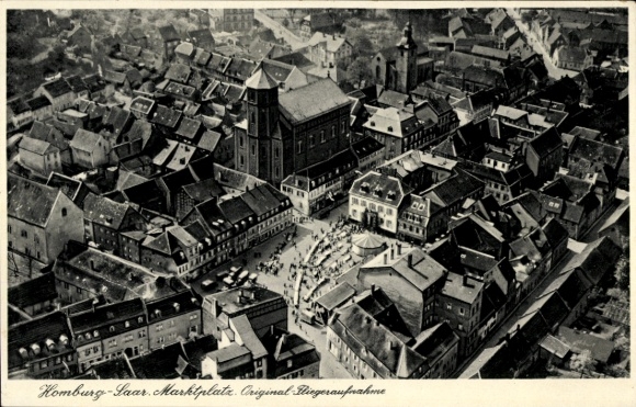 Postcard Homburg in the Saarpfalz district, aerial photograph of the city, synagogue in the middle left, market square