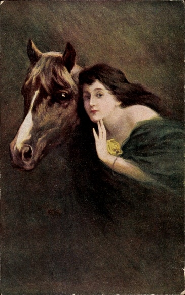 Kunstenaar Ak Sprookje, Vrouw in groene jurk, Paard