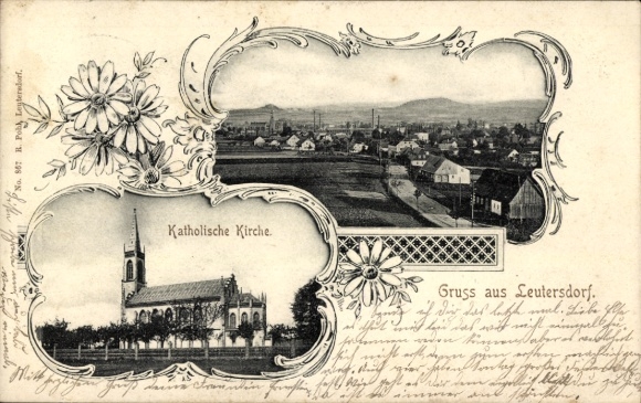 passe-partout Ak Leutersdorf in Oberlausitz, algemeen uitzicht, katholieke kerk