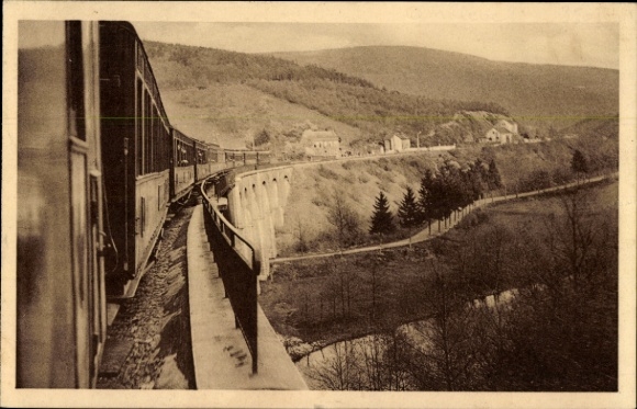 Postcard Belgian Railway, train crossing Ambleve