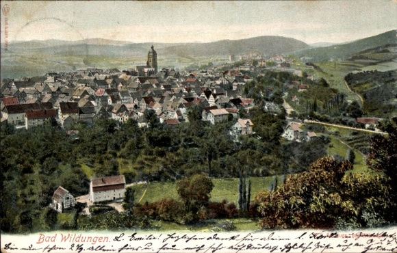 Postcard Bad Wildungen in Hesse, city view, Friedrichskirche, hilly landscape, old houses