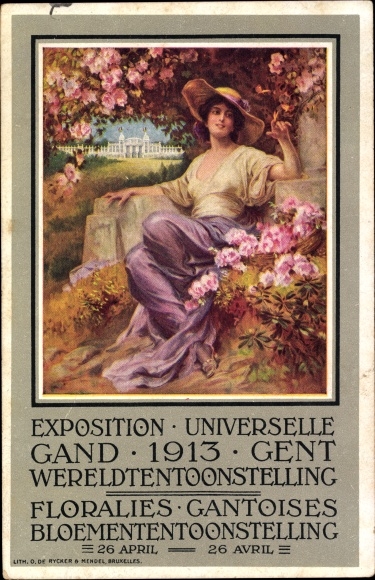 Postcard Exposition Universelle Gand 1913, Floralies, Gantoises, Woman in a flowery meadow