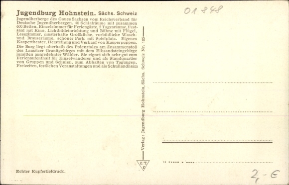 Postcard Hohnstein Saxon Switzerland, Youth Castle