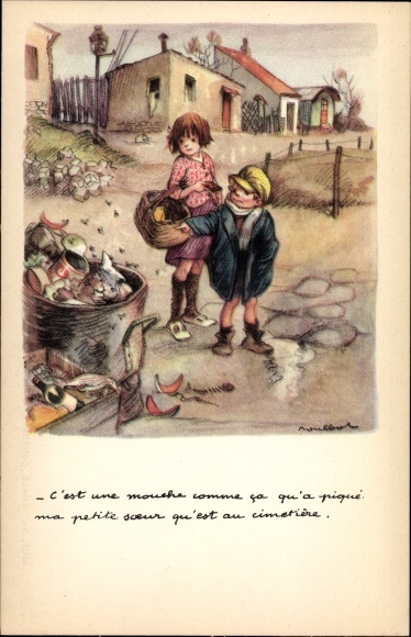 Artist PC Poulbot, girl with basket, rubbish in the rubbish bin, Ligue national contre le taudis