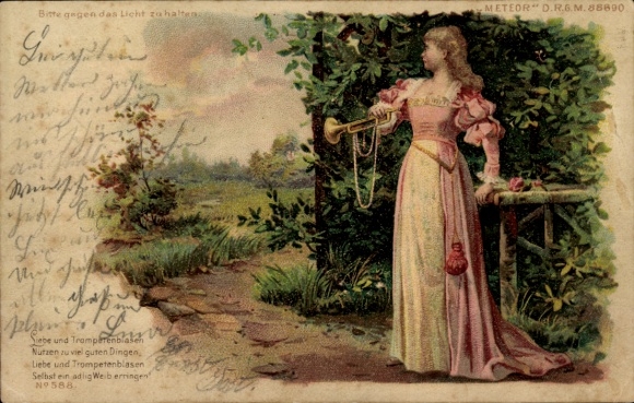 Hold against the light Chromo-Litho God bless you, Trumpeter of Säckingen, Woman with trumpet, Meteor 538