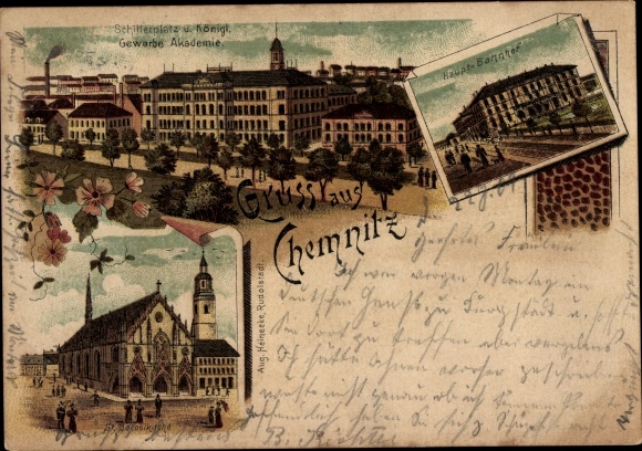 Chromo-Litho Chemnitz in Saxony, Schillerplatz, commercial academy, main train station, Jacobikirche