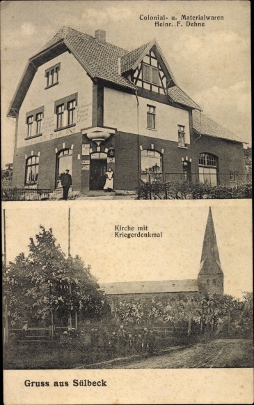 Postcard Sülbeck Nienstedt, business from Mr. F. Dehne, church with war memorial