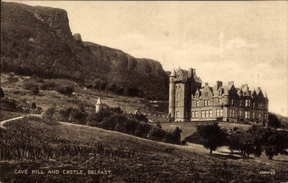 Postcard Belfast Northern Ireland, Cave Hill and Castle, green meadows, mountainous surroundings