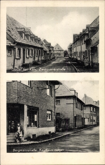 Postcard Gleuel Hürth near Cologne Rhein Erft district, Zieskovenerstrasse, Bergmannstrasse, Hilger department store