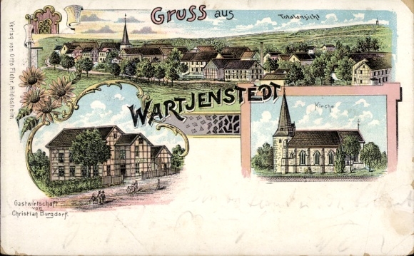 Litho Wartjenstedt Baddeckenstedt Niedersachsen, Panorama, Gastwirtschaft Christian Burgdorf, Kirche