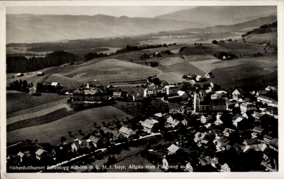 Postcard Scheidegg in Allgäu Swabia, aerial photograph