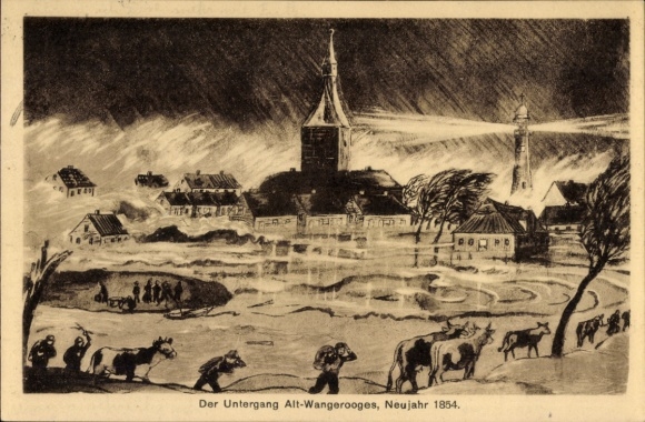 Postcard Wangerooge in Friesland, sinking, New Year 1854, storm surge, lighthouse