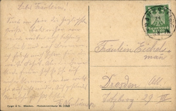 Postcard Traunstein in Upper Bavaria, view of the city, mountains in the background, river in the foreground