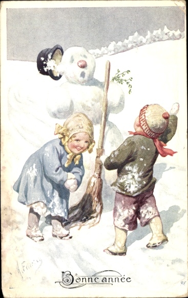 Künstler Ak Feiertag, K., Glückwunsch Neujahr, Kinder, Schneemann, Besen