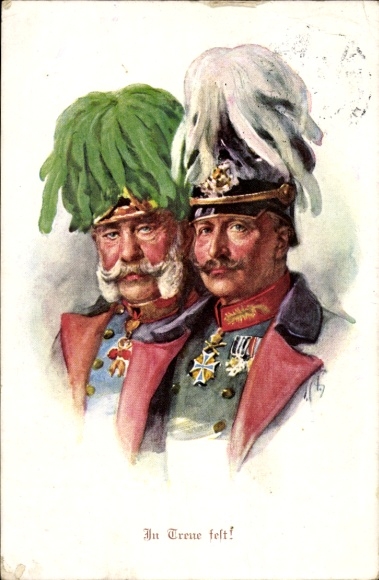 Künstler Ak Kaiser Wilhelm II., Kaiser Franz Joseph I., In Treue fest, Munk Nr 1034