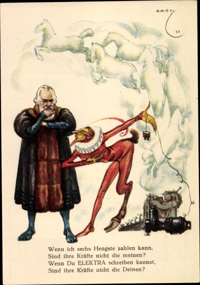 Artist Postcard Cay, AM, Advertisement, Mercedes Elektra Electric Drive Typewriter, Devil