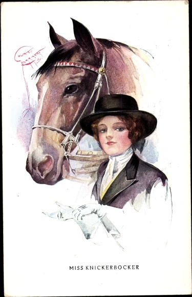 Artist PC Barber, Court, Miss Knickerbocker, vrouw in rijkleding met paard