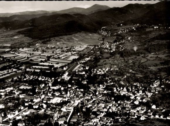 Postcard Müllheim in Baden Markgräflerland, aerial view of Müllheim, landscape, residential areas, mountains i