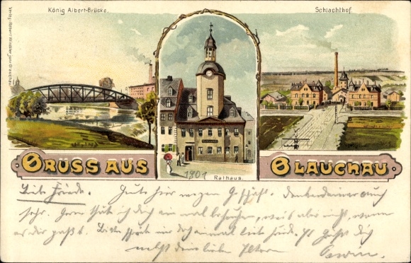 Chromo-Litho Glauchau on the Zwickauer Mulde in Saxony, King Albert Bridge, town hall, slaughterhouse