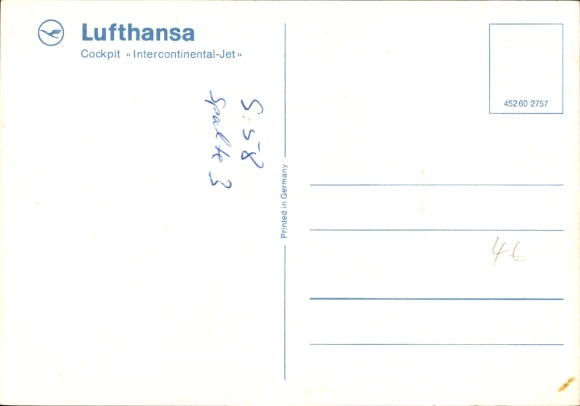Postcard German passenger plane, Lufthansa, cockpit, Intercontinental Jet, pilots