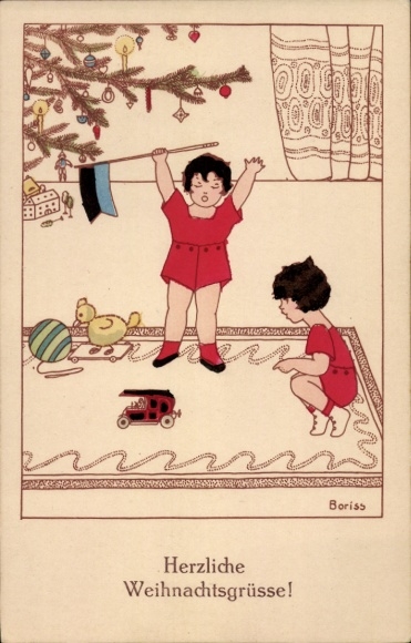 Kunstenaar Ak Boriss, M., Gefeliciteerd Kerstmis, kinderen, speelgoed, kerstboom