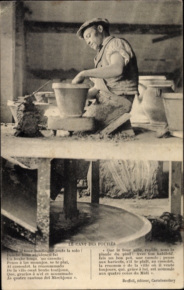 Postcard potter in his workshop, poem Le Cant des Pouties