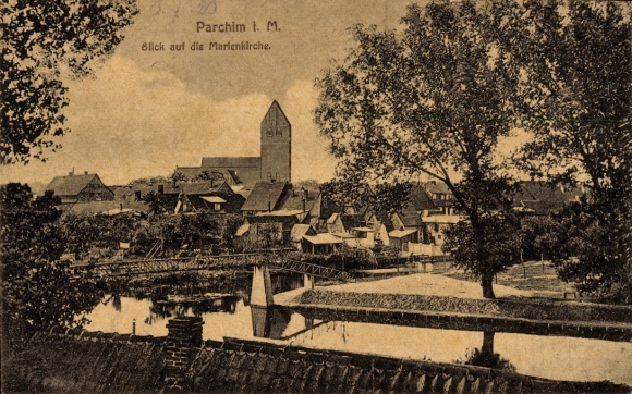 Postcard Parchim in Mecklenburg, partial view, St. Mary's Church
