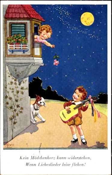 Artist Postcard No girl's heart can resist when love songs softly plead, moon, dog
