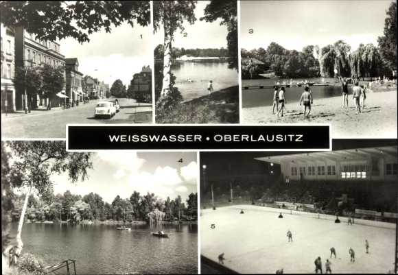 Postcard Weißwasser in Oberlausitz, Bautzener Straße, artificial ice stadium Wilhelm Pieck, ice hockey sticks