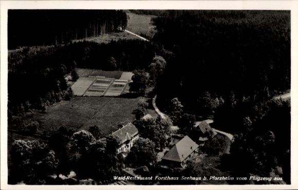 Postcard Pforzheim in the Black Forest, forest restaurant, forester's lodge Seehaus, aerial photograph, forest area