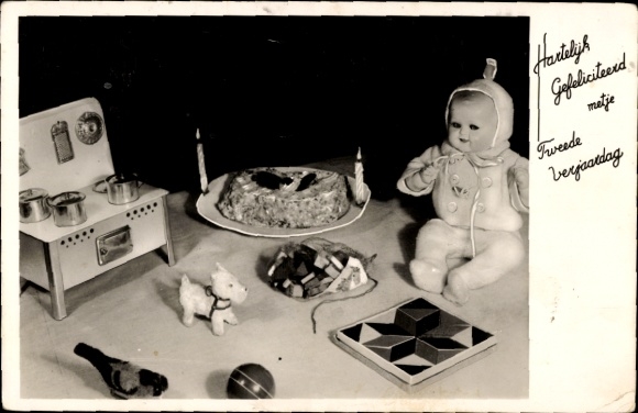 Postcard Happy Birthday, Doll, Toys, Cake, Gifts