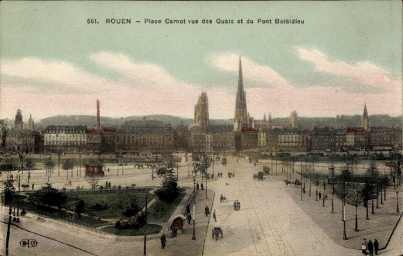 Postcard Rouen Seine Maritime, Historical view of Place Carnot, Quays, Pont Boieldieu