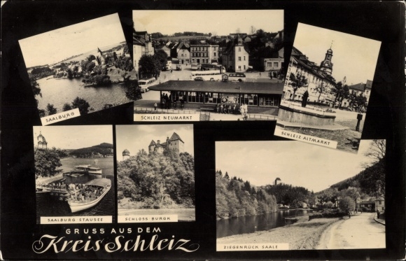 Postcard Schleiz im Vogtland Thuringia, Altmarkt, Neumarkt, Saalburg reservoir, Burgk Castle, Ziegenrück