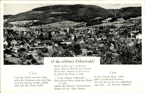 Postcard Fürth im Odenwald, long shot, song O you beautiful Odenwald!