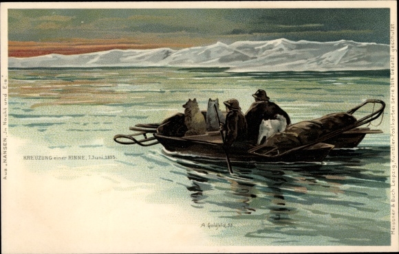 Artist Chromo-Litho Goldfeld, A., polar explorer Fridtjof Nansen, Crossing a gully 1895