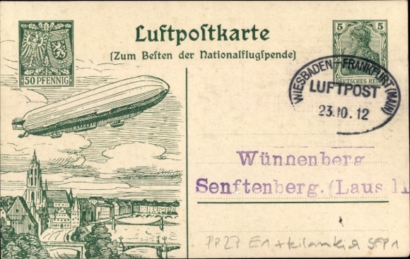Artykuły pocztowe KP PP 27 E 1, Zeppelin, poczta lotnicza Wiesbaden-Frankfurt