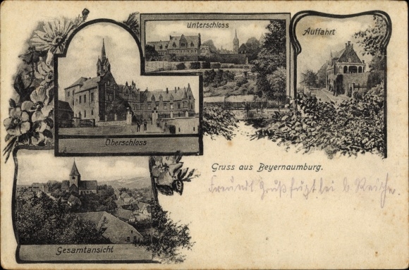Ansichtkaart Beyernaumburg Allstedt in Saksen-Anhalt, algemeen beeld, bovenburcht, benedenburcht, oprijlaan