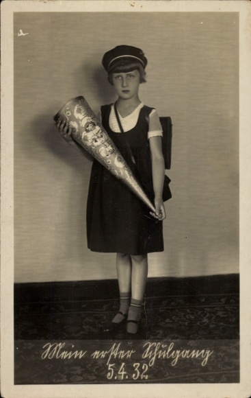Postcard Congratulations school enrollment, child with school cone